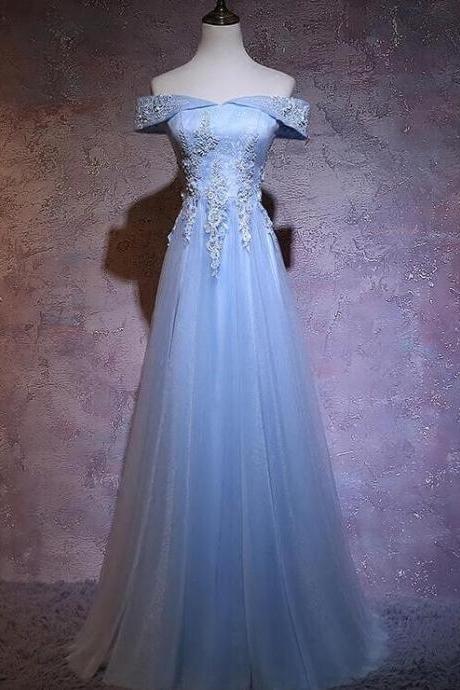 A Line Blue Tulle Party Dress With Lace Applique