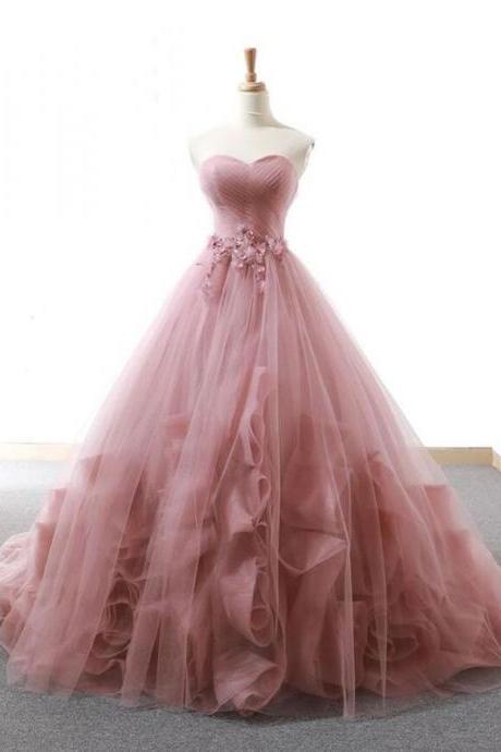Mermaid Pink Tulle Long Prom Gown, Tulle Evening Dress