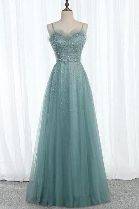 A Line Tulle Long Beaded Prom Evening Dress