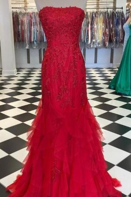 Strapless Red Long Prom Dress With Appliques And Beading