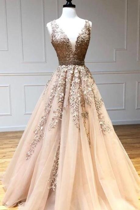 A Line Champagne V Neck Long Lace Prom Dresses