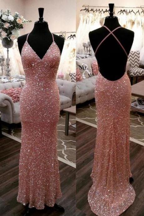 Simple Pink Sequins Long Prom Dress, Sexy Evening Dress