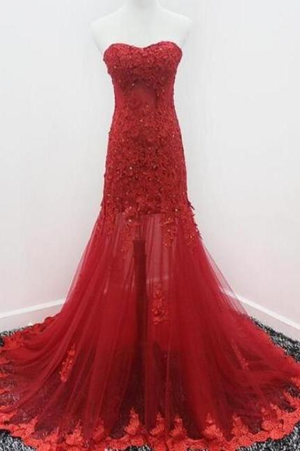 Mermaid Tulle Sweetheart Red Prom Dress With Lace