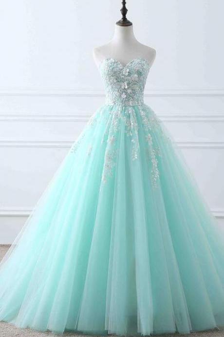 Princess Sweetheart Light Blue Tulle Prom Dresses With Applique