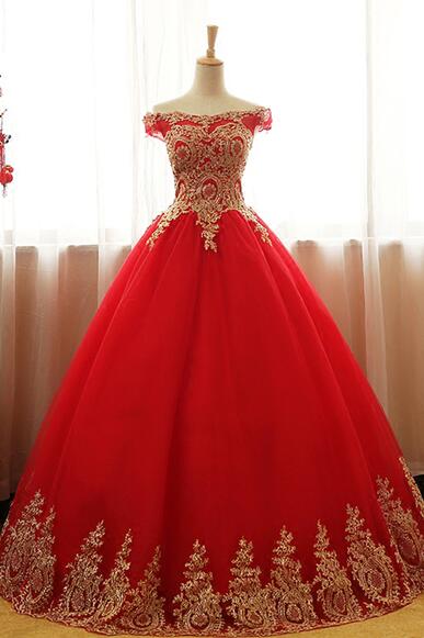 Princess Off Shoulder Formal Red Evening Dress With Lace Appliques