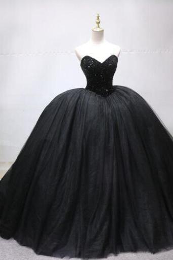 Sweetheart Ball Gown Tulle Beaded Black Formal Prom Dresses