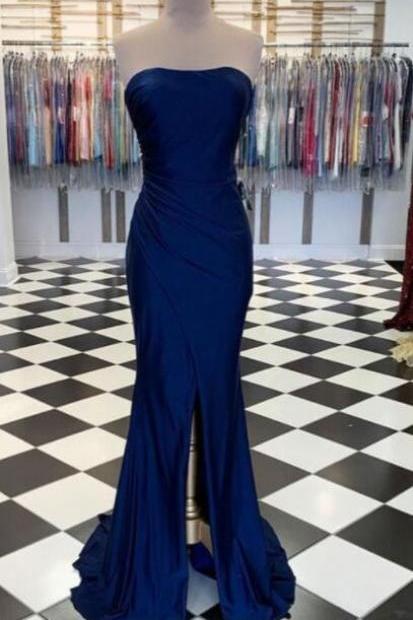 Simple Navy Blue Strapless Chiffon Long Prom Dress