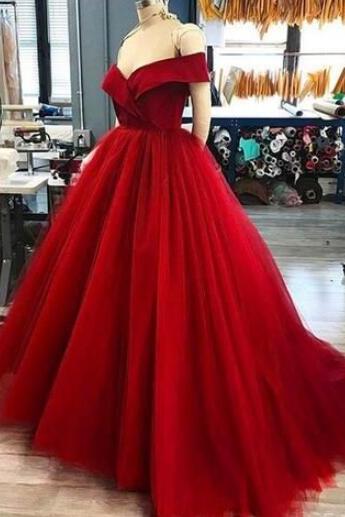 V Neck Long Off Shoulder Red Tulle Long Prom Dress