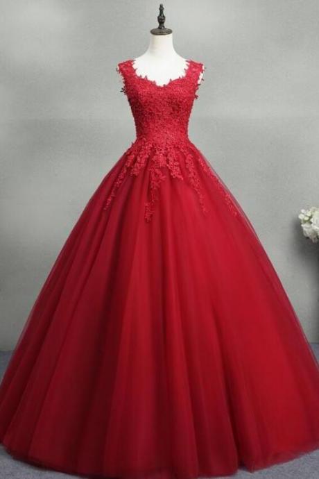 A Line Red Tulle Prom Dress With Lace Applique Party Dresses