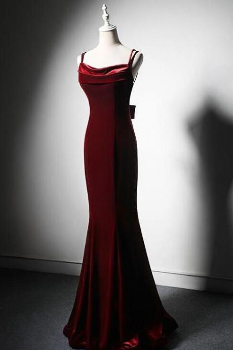 A Line Straps Wine Red Long Velvet Low Back Prom Dresses