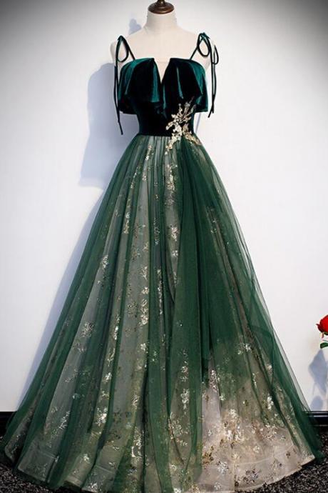 A Line Green Straps Long Prom Dresses With Top Velvet