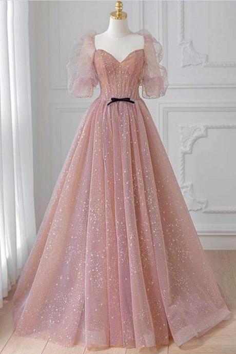 Floor Length Pink Tulle Puffy Sleeves Long Princess Party Dresses