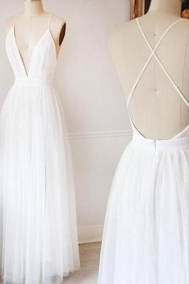 Simple A Line V Neck Tulle Long Prom Dresses