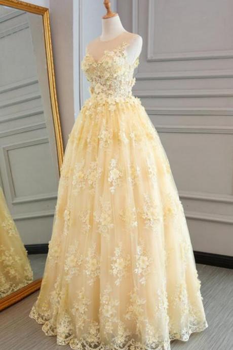 A-line Yellow Lace Applique Long Prom Dresses