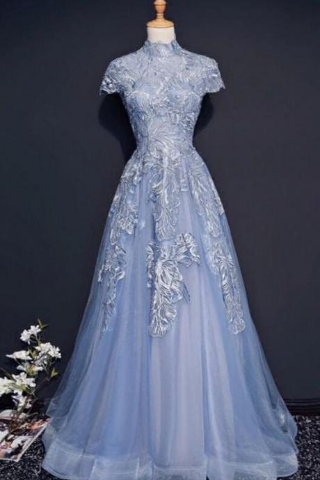 A Line Tulle Cap Sleeves Long Lace Evening Dress