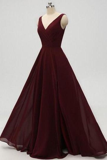 Simple A-line Burgundy Chiffon Prom Dresses