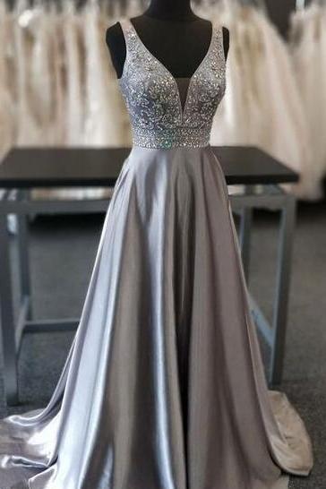 Mermaid A-line Grey V-neck Prom Dress With Beaded