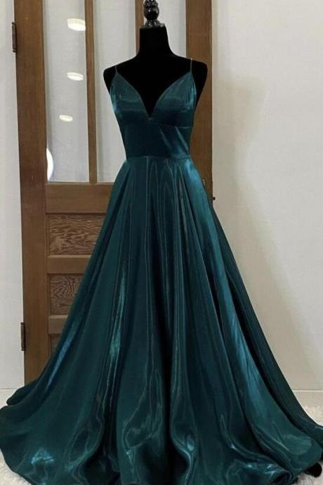 Dark Green Satin Long Prom Dress Evening Dress