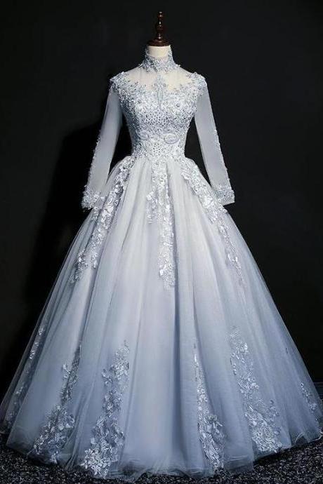 Ball Gown Grey Tulle Long Sleeves Sweetheart Prom Dress