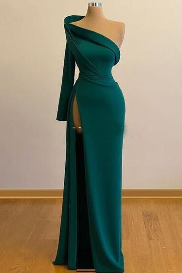 One Shoulder Long Sleeves Green Prom Gowns With Slit
