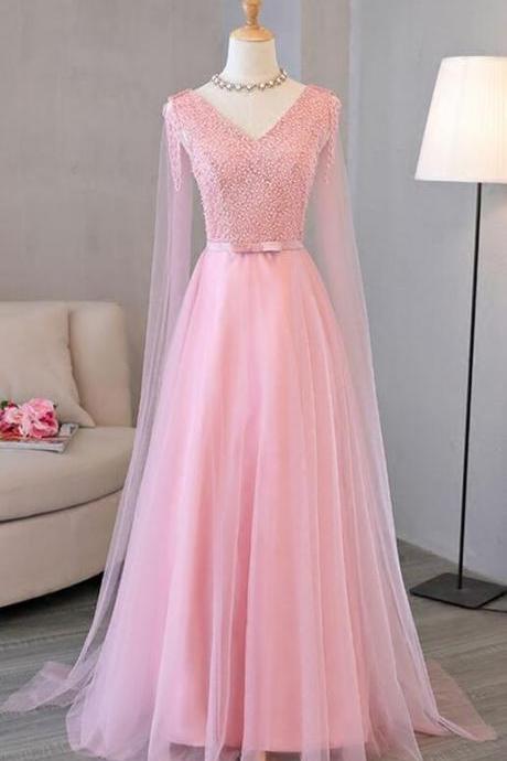 A Line Pink V-neck Long Tulle Prom Dress With Beaded