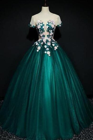 Round Neckline Ball Gown Dark Green Tulle Prom Dress
