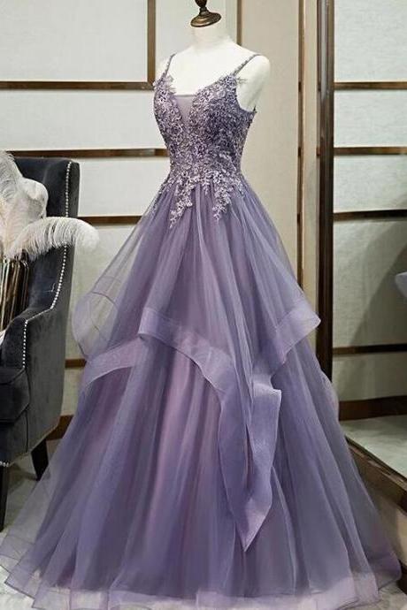 A Line Purple Tulle Layers Long Prom Gown With Lace Applique