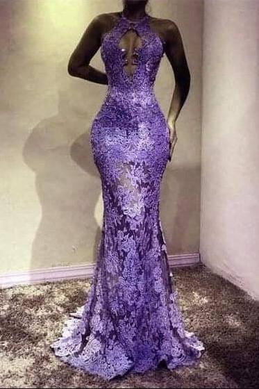 Sexy Purple Lace Applique Evening Dress