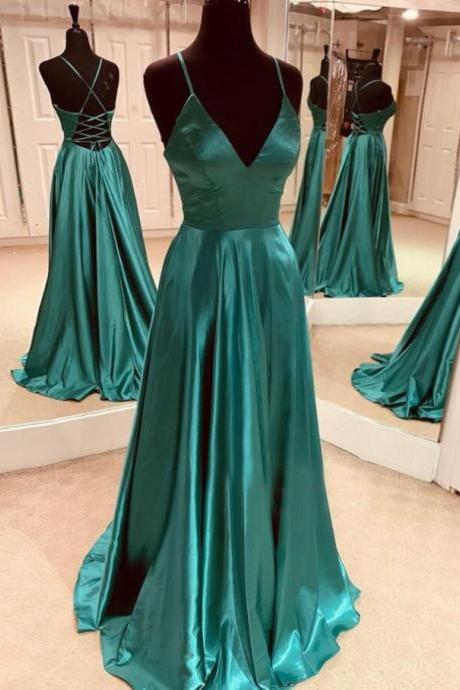 Simple A Line Green Satin Long Prom Dresses