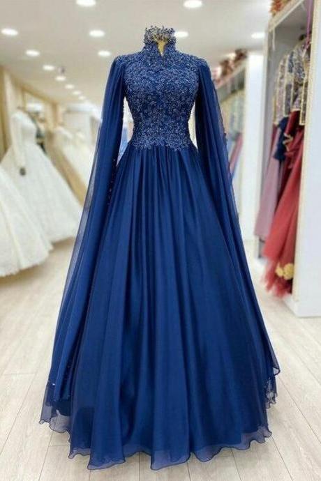 A Line Navy Blue Tulle Evening Dress, Formal Dress