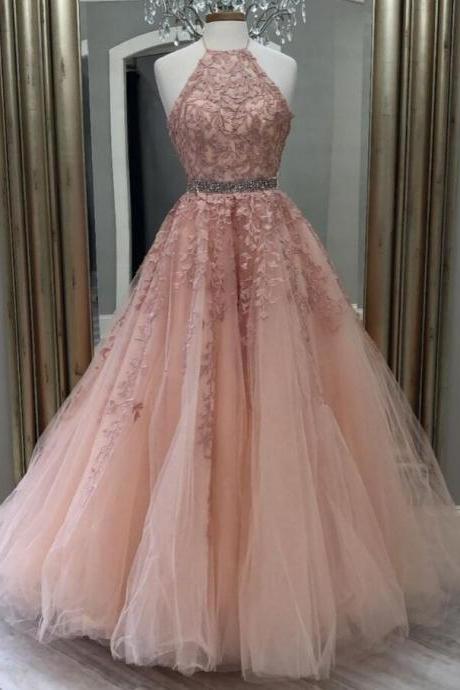 Halter Lace Applique Prom Dress, Pink Prom Dresses