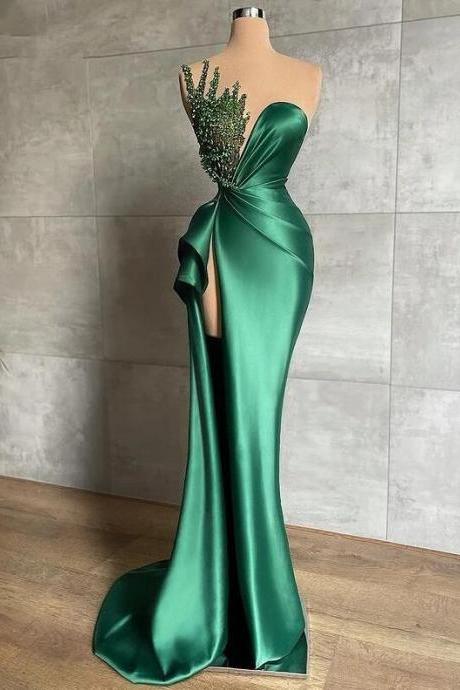 Elegant Green Stain Evening Dress Beaded Prom Dress
