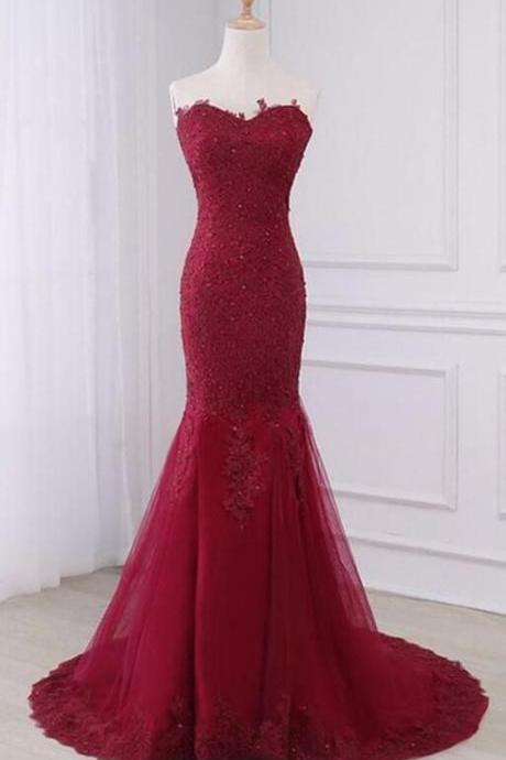 Mermaid Red Long Lace Prom Dresses