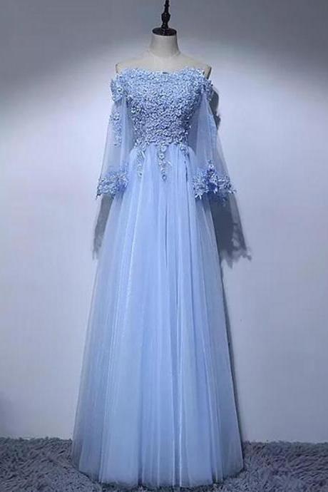 Floor-length Off-the-shoulder Long Sleeve Blue Prom Dresses