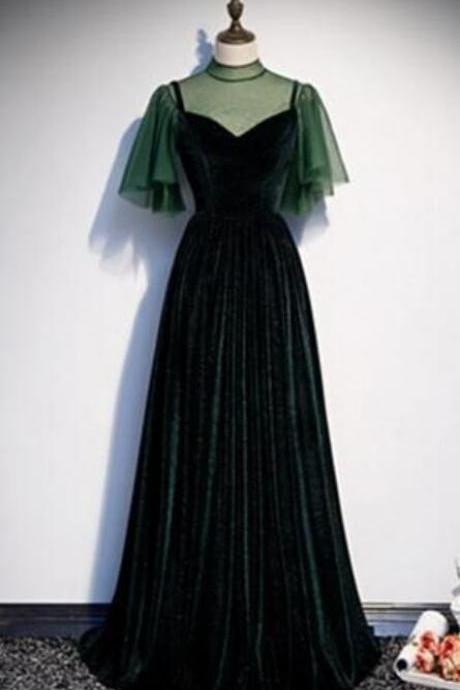 Simple A Line Long Green Velvet Sweet 16 Prom Dress, Evening Dress