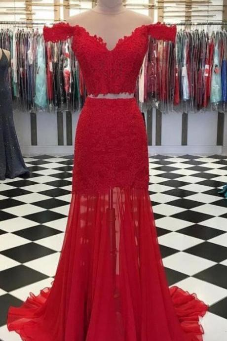 Sexy Off Shoulder Two Piece Red Prom Dresses