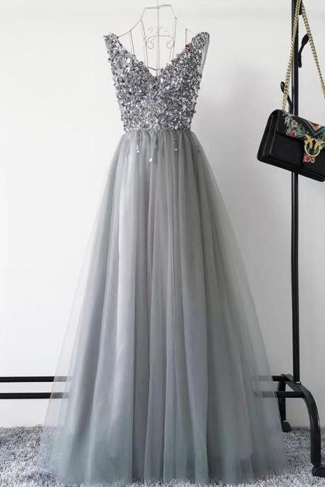 Luxury A Line V-neck Evening Dress,gray Sexy Prom Dress