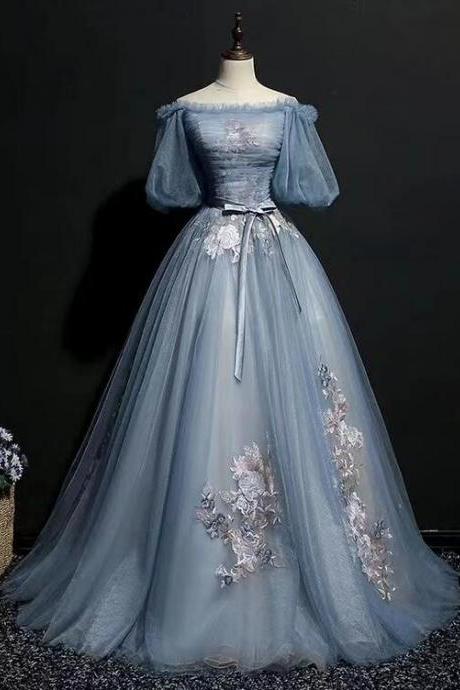 Off Shoulder Blue Prom Dress With Applique