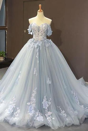 Elegant Off Shoulder Blue Prom Dress, 3d Flowers Prom Dress