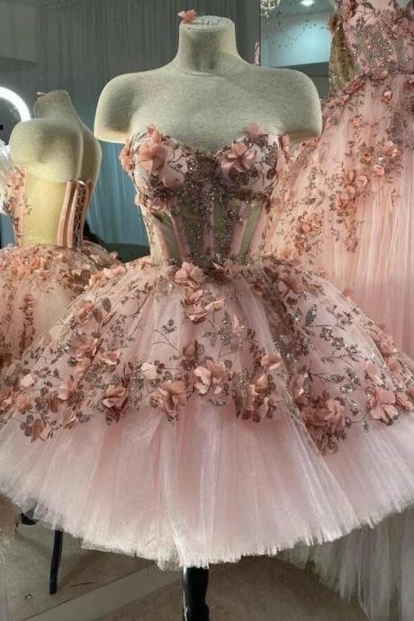 Sweetheart Neck Short Pink Prom Dress With 3d Flowers
