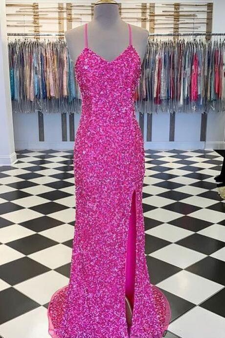 Spaghetti Straps Hot Pink Sequin Prom Dress With Side Slit