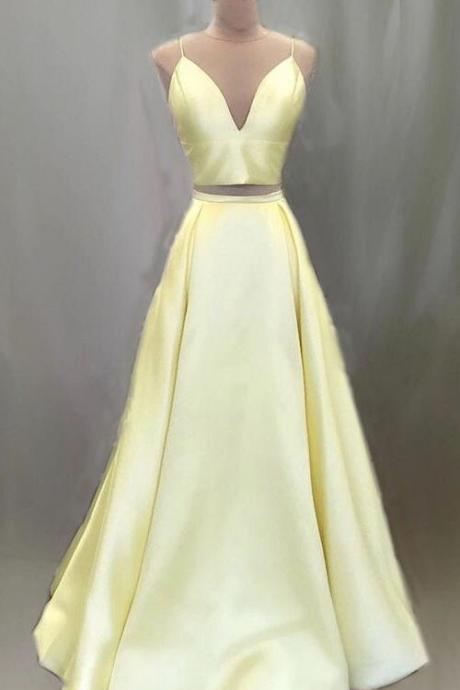 A Line Two Piece Yellow Prom Dresses