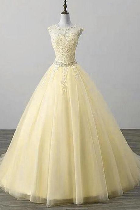 Beauty Yellow Tulle Long Prom Dress With Lace