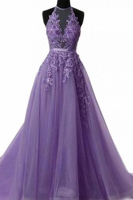 Halter Purple Lace Tulle Prom Dresses