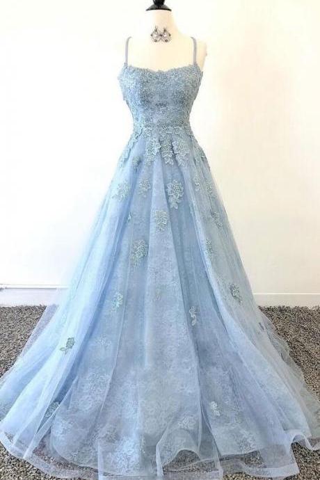 Charming Blue Lace Long Prom Dresses