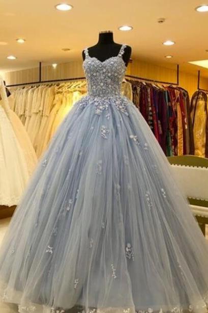 Sweetheart Tulle Long Blue Lace Formal Dress, Prom Dress