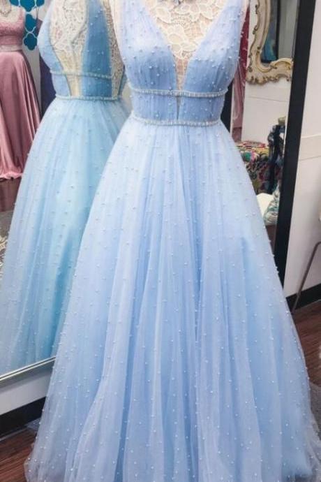 Sky Blue Long Prom Dress With Pearls