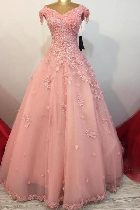 A Line Pink Lace Ball Gown Prom Dress