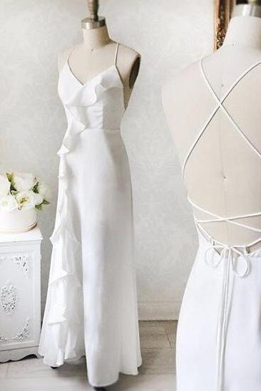 White Backless Sleeveless Long Evening Dress