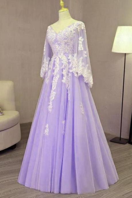 Light Purple A Line Tulle V-neckline Prom Dresses